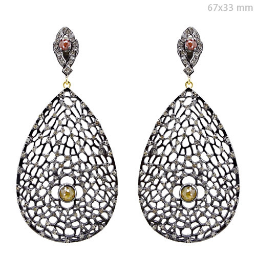 Natural Diamond Pave Silver Filigree Drop Earrings