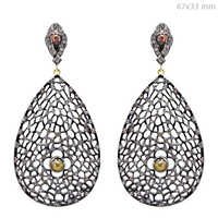 Natural Diamond Pave Silver Filigree Drop Earrings