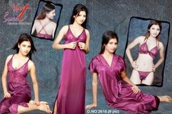 Satin Night Suit - Women's Sleeveless Three Piece Set, Plain Purple Design