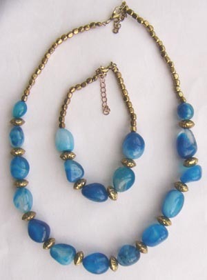 Jewellry - Agate and Metal, 7 Inch Bracelet & 18 Inch Necklace, Blue with Oval Gemstones, Elegant Durable Stylish Set