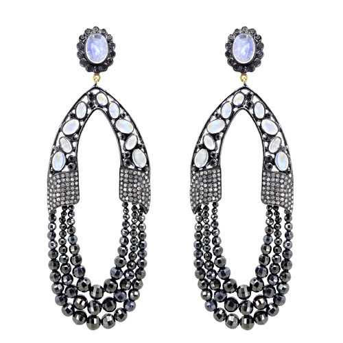 Pave Diamond Moonstone Gemstone Dangle Earrings - 14k Gold, 37.60 GMS, Rainbow Moonstone & Black Spinel | Elegant Design, Versatile Style