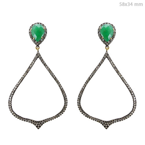 Emerald Gemstone Silver Diamond Earrings