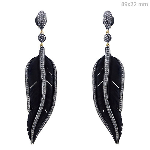 Gemstone Carving Feather Silver Diamond Earrings