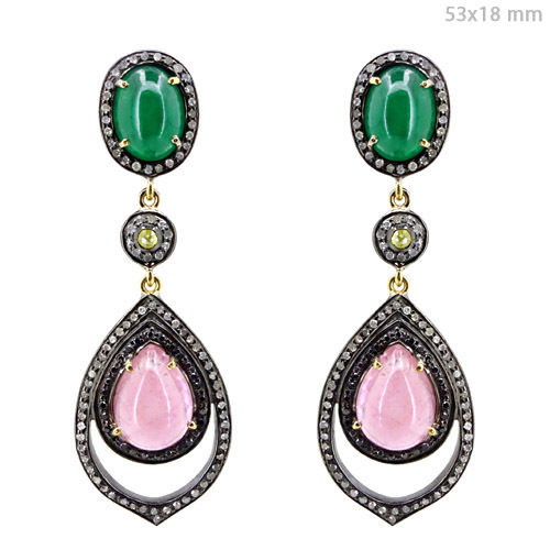 Tourmaline Emerald Diamond Gold Dangle Earring - 14k Gold, 5x18mm, 1.34cts Diamond, Pink Tourmaline Emerald | Elegant Design, Luxury Appeal, Trendy Style