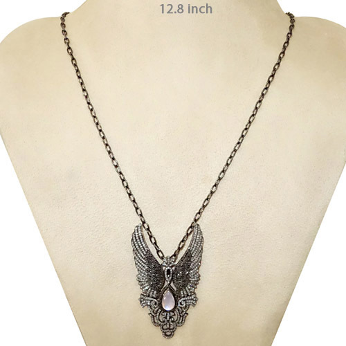 Feather Moonstone Silver Pave Diamond Necklace