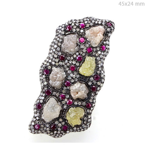 Silver Natural Diamond Gemstone Ring - 925 Sterling Silver 45x14 mm, Ruby 1.95 cts, Diamond 9.22 cts, Elegant Stylish Luxury Design