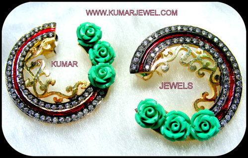 Half Round Ear Tops - Silver Base, Gold Plated, 1-2cm, Turquoise Flowers, Red Enamel, CZ Stones, Elegant Party Wear