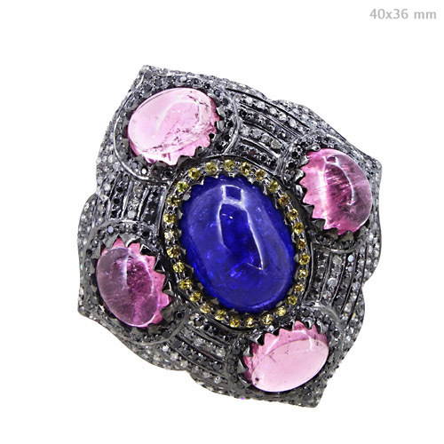 Silver Diamond Pave Multi Gemstone Ring - 925 Sterling Silver, 16.62 GMS, Tanzanite Pink Tourmaline Yellow Sapphire | Elegant Design, Handcrafted, Multi-Gemstone
