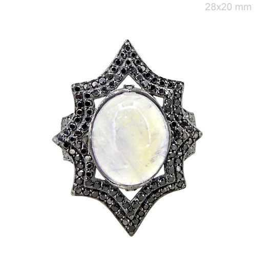 Moonstone Silver Black Pave Diamond Ring