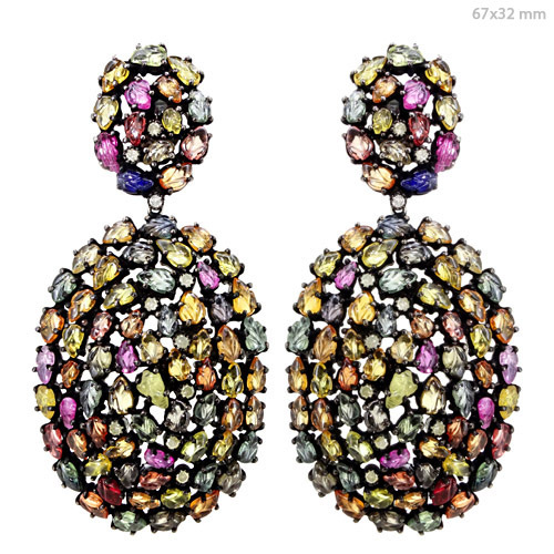 Multi Tourmaline Diamond Earrings Jewelry - 14k Gold/Sterling Silver, 67x32 mm, Multi Tourmaline, Diamond Dangle