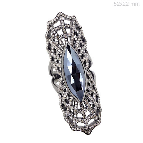 Long Silver Diamond Pave Gemstone Ring - 925 Sterling Silver, 2.60CTS Diamonds, 7.81CTS Black Spinel, Elegant Long Design