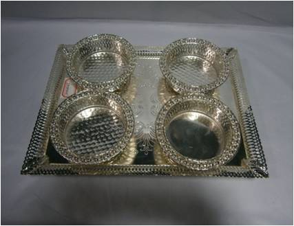 SQ.TRAY + 4 BOWLS - Silver Plated, 12x8 Inches Tray with 3x2 Inches Bowls | Polished Finish, Elegant Design, Durable, Easy to Clean