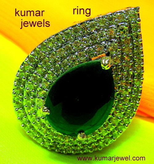 Emerald Stone Ring - CZ Metal, Adjustable Size, Green Emerald Color, Pave Setting, Party Wear
