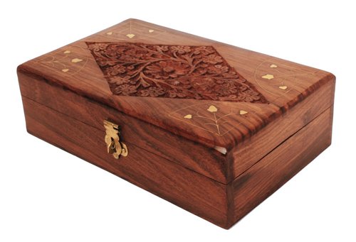 Handmade Rosewood Jewelry Box Floral Brass Inlay