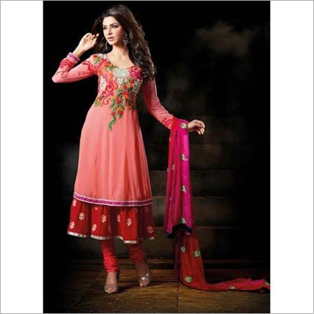 Faux Georgette Net Anarkali Salwar Kameez - Floor Length, Multiple Sizes, Peach | Floral Embroidery, Soft Fabric, Durable, Colorfast, Elegant Design