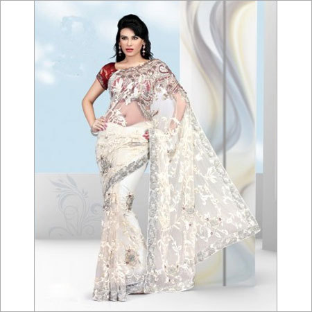 White Wedding Party Wear Saree Maroon Blouse Elegant Work