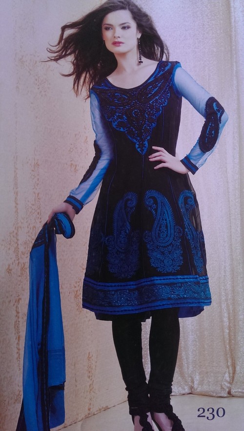 Blue Designer Churidar Salwar Suits - Georgette, Net, Jacquard, 48+ Inch, Blue, Semi-Stitched, Lined Bottom, 30 Designs