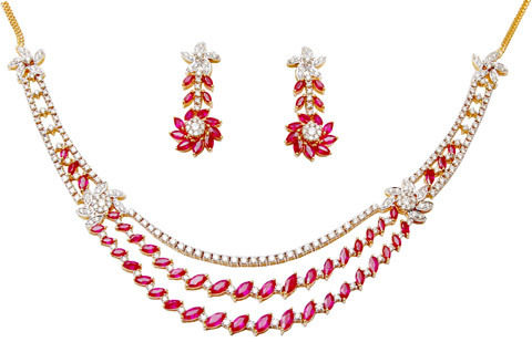 Peared Shape Ruby Gold Necklace, Three Row Gem