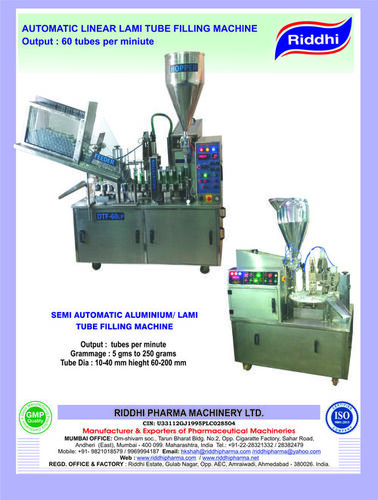 Automatic Tube Filling and Sealing Machine - Stainless Steel, 6 x 6 x 6 ft | 3 Phase Power, 20 to 100 Tubes per Minute, Fully Enclosed GMP Model, One Year Warranty