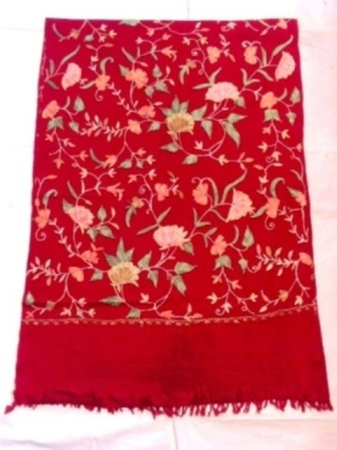 Stoles - Pashmina Wool 70x180 cm Red | Soft Fabric, Elegant Design, Floral Embroidery, Hand-Knotted Fringe