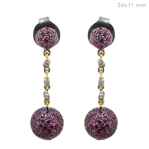 Pave Diamond Gold Ruby Gemstone Dangle Earrings