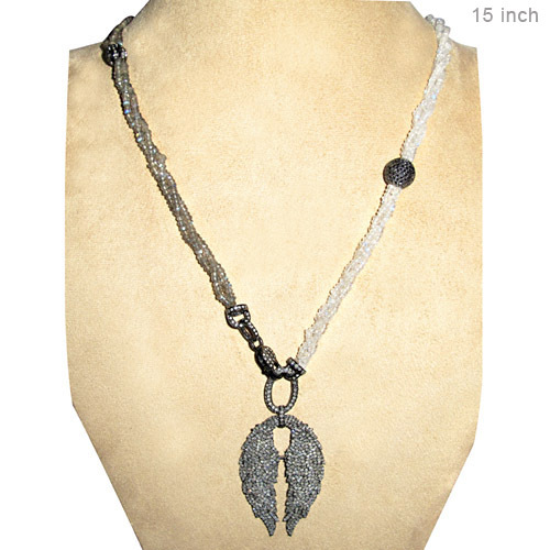 Silver Diamond Pave Gemstone Beaded Necklace - 925 Sterling Silver, 18 Inch, Labradorite & Moonstone Beads, 8.82 Ct Diamonds, Elegant Design