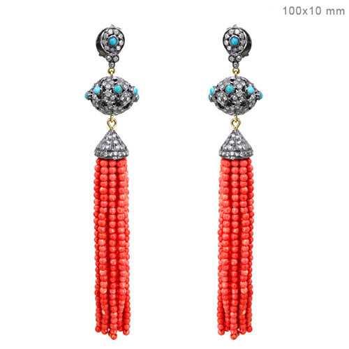 14k Gold Pave Diamond Gemstone Beaded Earrings