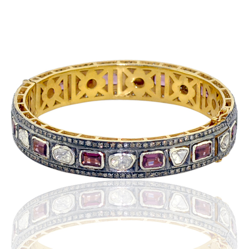 Rose Cut Diamond 18k Gold Gemstone Bangle Jewelry