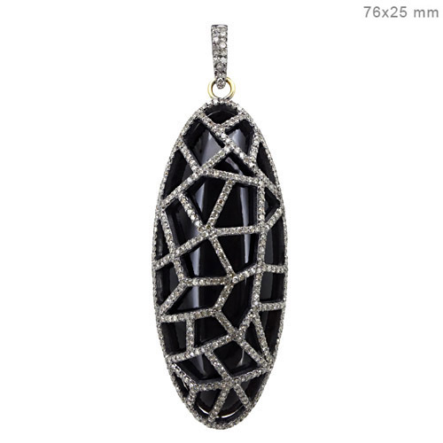 Diamond Gemstone Pendant - 14k Gold, 76x25mm, Black Onyx, 2.5 Cts Diamonds, Trust Stamp