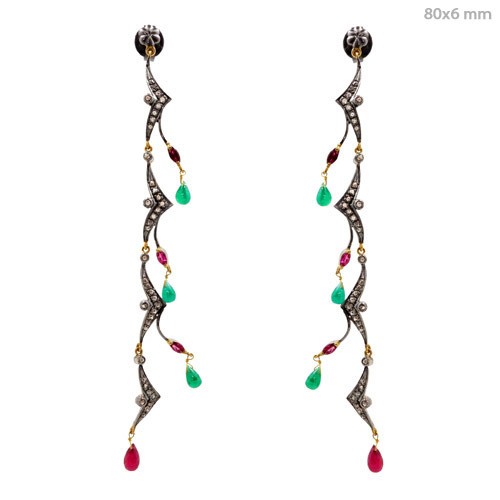 Gold Diamond Gemstone Earrings - 14k Gold, 80x6 mm, Emerald and Pink Tourmaline | Elegant Design, Fine Craftsmanship, Trust Stamp Certified