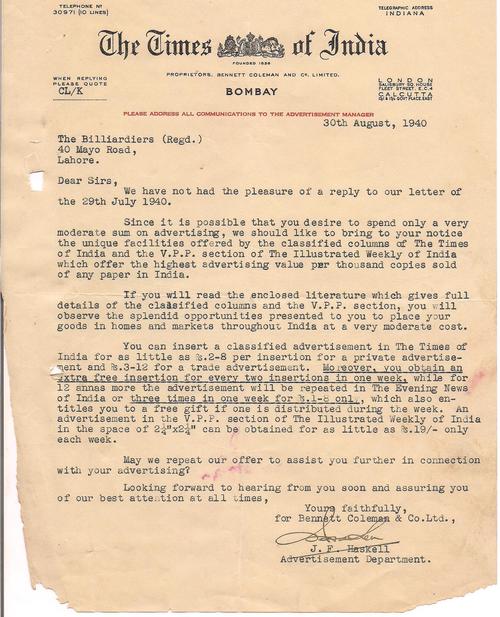 Correspondence with the Times of India