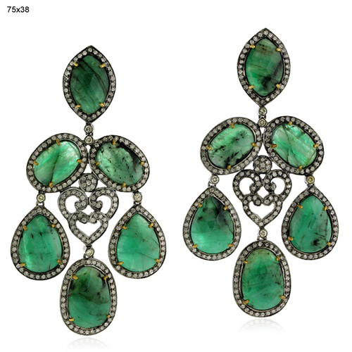 Pave Diamond Gemstone 18k Gold Chandelier Earrings