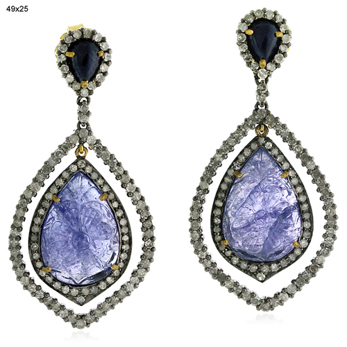 Diamond 18k Gold Gemstone Carving Earrings Jewelry - 18k Gold & Sterling Silver, 47x26mm, Tanzanite 23.56 Ct, Diamond 1.33 Ct, Handcrafted Dangle Design
