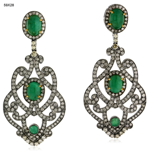 Diamond 18k Gold Carving Emerald Dangle Earrings