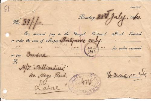 Payment from Punjab national Bank 22nd July 1940