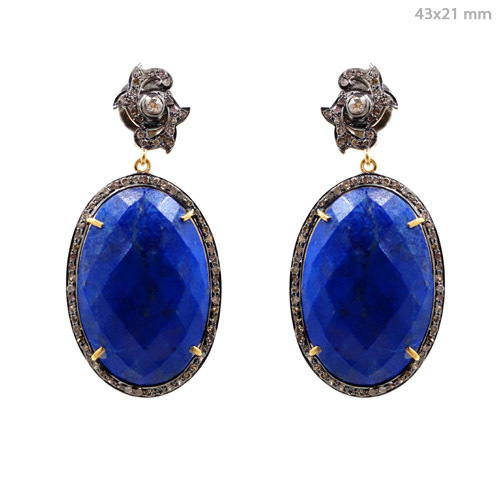 Diamond Lapis Gemstone Oval Shape Earrings