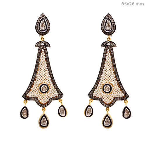 Pearl Beads Rose Cut Diamond Earrings
