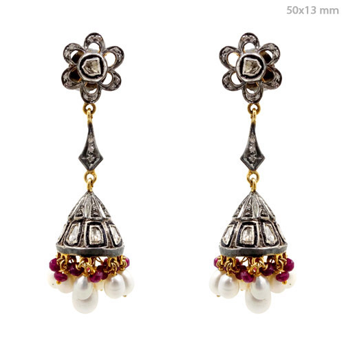 Pearl Gemstone Diamond Dangle Earrings