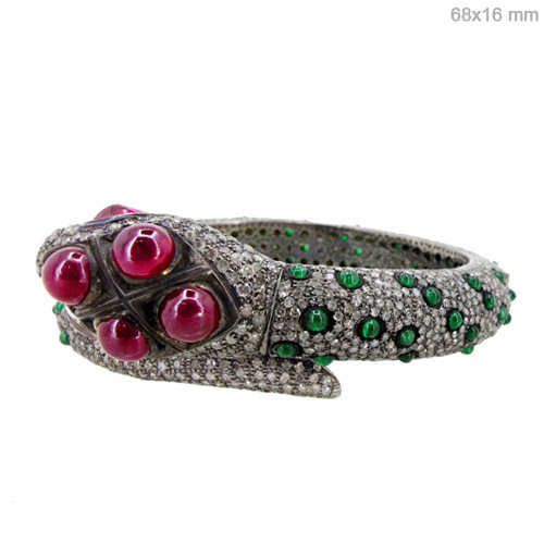 Multi Precious Gemstone Snake Diamond Bangle - 14k Gold, 68x16mm, Ruby/Emerald, 11.62cts Diamond | Elegant Design, Customizable, Brilliant Shine