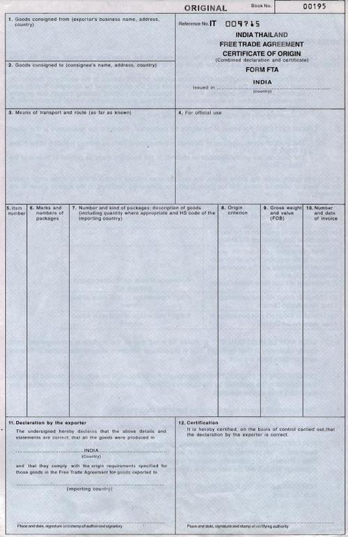 Indo-Thailand Free Trade Agreement Certificate of