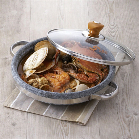Soup Pot - Stone, Glass & Metal, 4L, 28cm Diameter, 10cm Height | Even Heating, Durable, Wooden Handles, Glass Lid, Easy Cleaning, Heat Retention