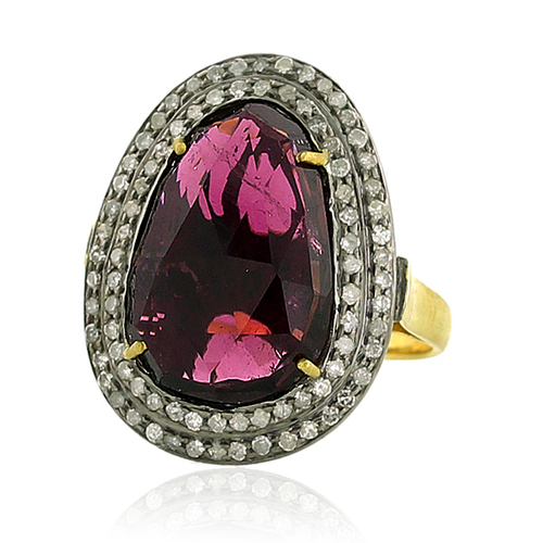 Diamond Gemstone 18k Gold Ring Jewelry - 18k Gold, 7.35 Ct Tourmaline, 0.60 Gm Diamond, Pave Setting, Handcrafted