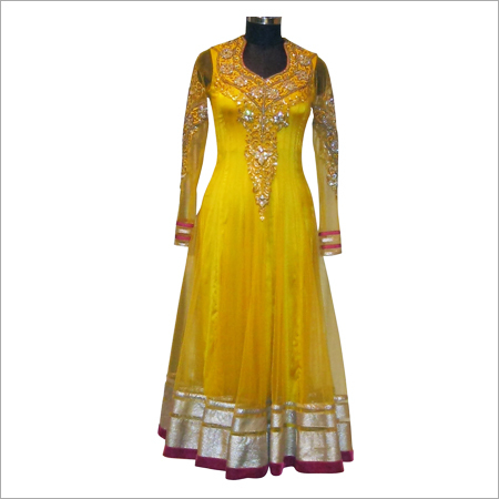Salwar Suit - Net, Multiple Sizes, Yellow | Embroidered Stone Work, Elegant Design, Comfortable Fit, Floor Length, Long Sleeves