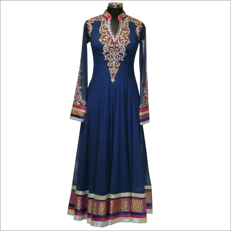 Salwar Suit - Net Fabric, Medium, Navy Blue, 54 Inches | Mandarin Neckline, Long Sleeves, Floral Embroidery, Comfortable Fit