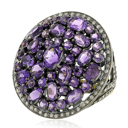 Diamond Gemstone 18k Gold Cluster Ring Jewelry - 18k Yellow Gold, 6 Ct Amethyst, 0.94 Gm Diamond, Pave Setting, Victorian Style