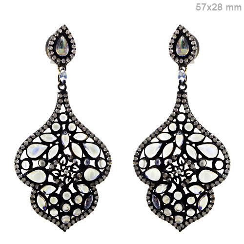 Moonstone Diamond Earrings - 14k Gold, 57x28 mm, RBMS Color Stone, Diamond Studded, Elegant Design