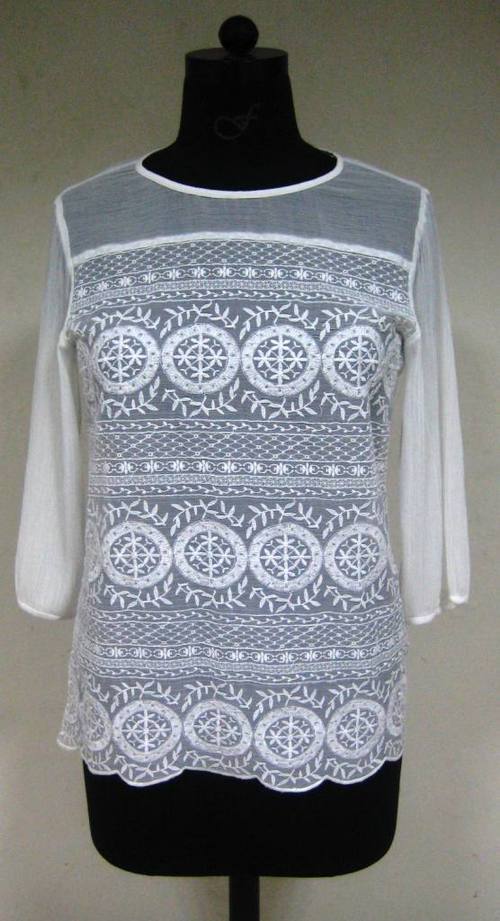 Ladies Wear Top - Lace & Mesh, Size S-XL, Color White | Comfortable Fit, Durable Material, Elegant Design, Soft Fabric, Stylish Look, Unique Pattern, Versatile Style, Three-quarter Sleeves, Round Neck, Embroidered Pattern