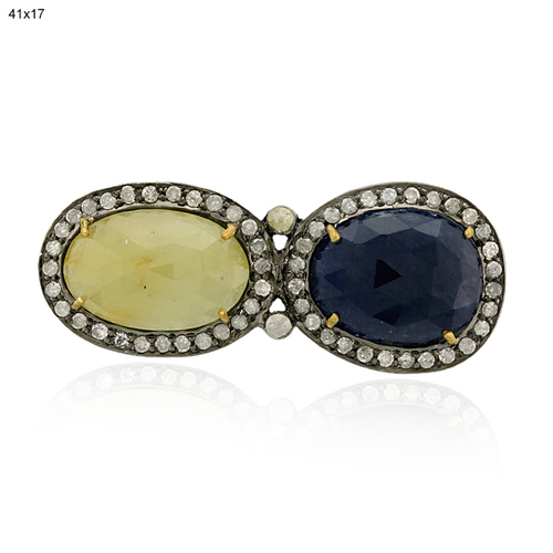 Diamond Gemstone Gold Finding - 18k Gold & Silver 41x17mm, Blue Sapphire 13.90ct, Diamond 0.93ct, Elegant Jewelry Spacer