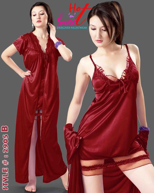 Satin Nightgown - Maroon Color, Sleeveless Design | Women's Elegant Plain Two Piece Nighty 2905 B