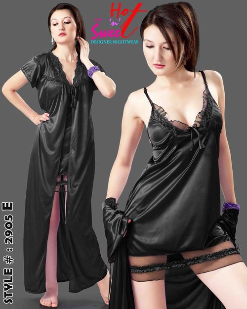 Satin Nightgown - Sleeveless Design, Black Color | Elegant Two Piece Nighty for Women